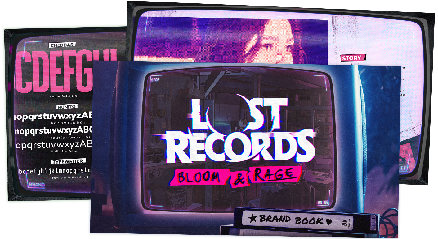 A stack of three pages from the Lost Records Bloom and Rage brand book