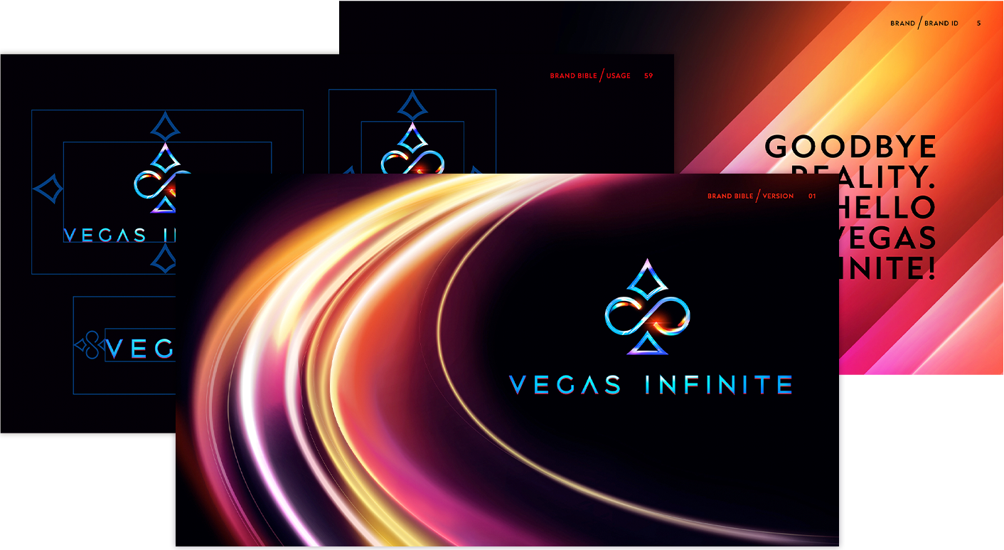 A stack of three pages from the Vegas Infinite brand book